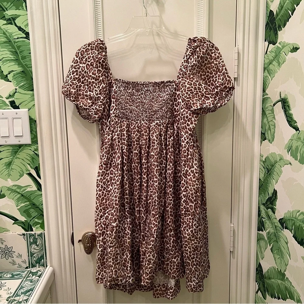 J. Crew Puff Sleeve Linen-Cupro Leopard Print Mini Dress Size 12